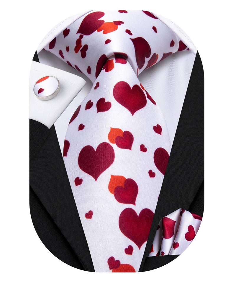 Hi-Tie ربطات عنق هاي-تاي حمراء على شكل قلب للرجال من الحرير لمناسبة عيد الحب مع منديل جيب وأزرار أكمام مجموعة لمهرجان العطلات - Image 1
